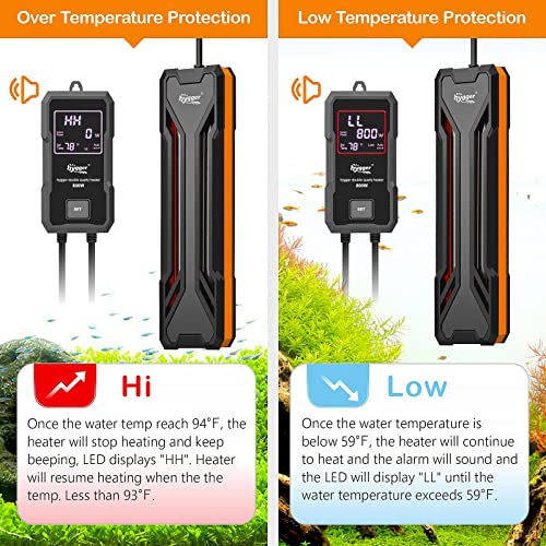 hygger Aquarium Heater 300W/500W/800W/1000W, Submersible Fish Tank Heater with Digital LED Controller and Intelligent Leaving Water Automatically Stop Heating System, for Freshwater and Saltwater - size: 800W for 80-220 Gallon