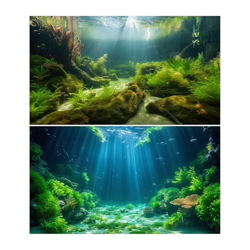 2 Packs Ocean Floor Seabed Aquarium Background Underwater World Aquatic Plants Coral Reef Fish Tank Background Under The Sea Cave Rock with Moss Sunrays Aquarium Fish Tank Backgrounds 24x12in - color: Moss Green, size: 24(W)x12(H)inches/ 60(W)*30cm(H)