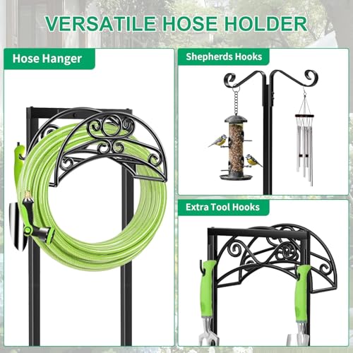 TomCare Garden Hose Holder Upgraded Water Hose Holder Heavy Duty 4 Spikes Hose Hanger Holds 160 Feet Hoses Stable Freestanding Hose Storage Organizer for Outside Yard - color: Deep Black