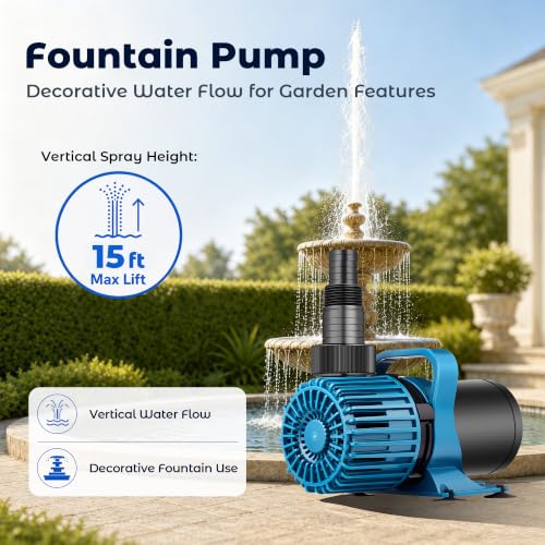 TONGCHANT Pond Pump for Fish Pond Fountain & Waterfall, 2700 GPH 15FT Lift | 120W Submersible water pump, ultra quiet motor, 180° rotatable outlet, filter bag, 20FT cord, UL listed - size: 2700GPH-120W