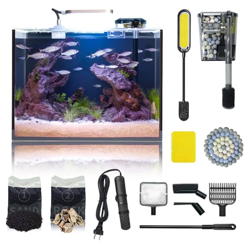 Wonderfactory 5 Gallon Small Aquarium Set Glass Fish Tank 6 Gallon, Starter Kit with Heater Water Pump Cleaning System Filter Bright Light Rocks Gravel Cleaning Tool, Clear Rimless Betta Plants - size: 5 Gallon