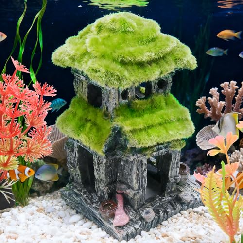 Hoypeyfiy Aquarium Decor Fish House with Simulated Moss, Double Layer Fish Hideout Ornament for Tropical Fish Tanks, Realistic Aquarium Cave Decoration Includes 2 Artificial Plants