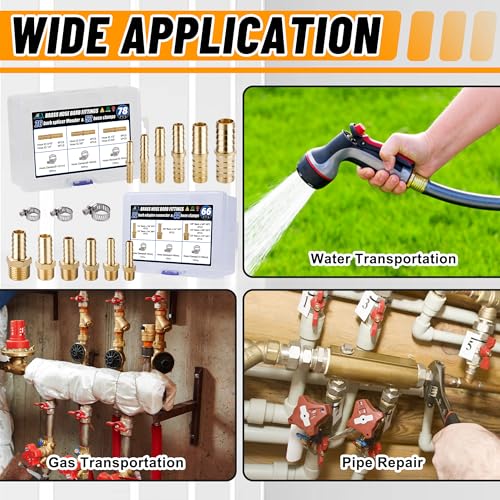 48PCS Brass Hose Barb Fittings,Barb Splicer Mender 3/16" 1/4" 5/16" 3/8" 1/2" 5/8" and Male Thread Adapter 3/8" Barbed to 1/4" NPT, 1/4" Barbed to 1/4" NPT Male with 96Pcs Pipe Hose Clamps - size: 48pcs barb splicer & barb adapter