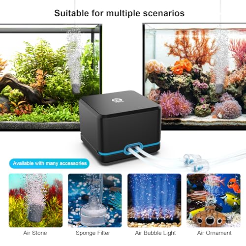 FZONE Aquarium Air Pump, Ultra Quiet Fish Tank Aerator Pump with Stainless Steel Dual Outlets, Adjustable Powerful Oxygen Pump with Air Stones for Freshwater and Saltwater Aquariums