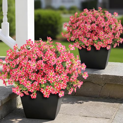 VIERENA 12 Bundles Artificial Flowers and Eucalyptus for Outside, Sun Resistant Silk Fake Morning Glory with Faux Eucalyptus Plants for Garden Porch Farmhouse Home Spring Summer Decor (Rose Red) - color: Rose Red