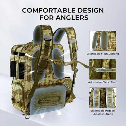 KastKing BaitSpace Fishing Tackle Backpack with Removable Bait Binder,2 Rod Holders Storage Fishing Gear and Equipment - color: D: Khaki Camo(with (4) 3600 Tackle Boxes)