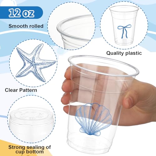 Qinyoung 100 Pcs Ocean Party Disposable Cups 12 oz Clear Plastic Blue Bow Starfish Seashell Coastal Beach Nautical Sea Theme Plastic Cups for Under The Sea Summer Ocean Tropical Mermaid Party Supplies - style: Coastal