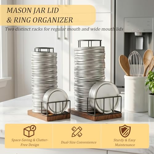 2PCS Mason Jar Lid Organizer & Holder (Wide Mouth & Regular Mouth) Iron Ball Jar Wooden Storage Accessories for Home Kitchen Organization Fit Mason/Canning/Bamboo Lids, Holds 20 Lids & 20 Rings
