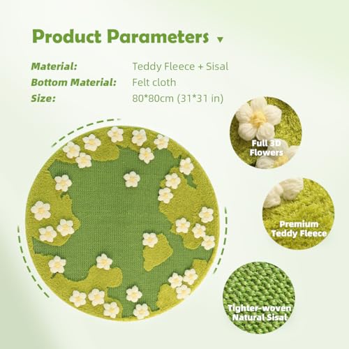 31 x 31 Inch 3D Garden Cat Scratcher Mat, Flower Sisal Cat Scratch Pad, Floor Cat Scratching Pads Rug for Indoor Cats, Protector for Wall&Carpets&Sofas, Green Moss Cat Claw Pad (White Flowers)