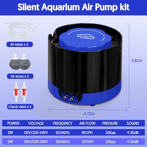 QZQ Aquarium Air Pump, Quiet Fish Tank Air Pump with Dual Outlets, 3W/5W Powerful Adjustable Oxygen Pump with Accessories, Aquarium Bubbler Aerator for Fish Tank Up to 80 Gallon (3W) - style: 3W(95GPH)