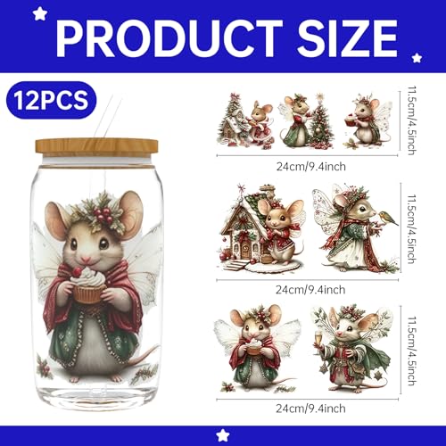 UV DTF Cup Wrap for 16oz Glass, 12 Sheets Victorian Mouse Decals Personalized Rub on Transfer Stickers for Glass - style: Victorian Mouse