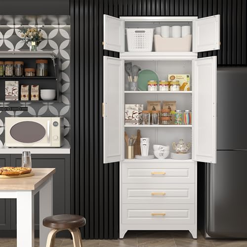 SteeLoong 90" Kitchen Pantry Cabinet with 3 Drawer,Metal Storage Cabinets with Doors and 4 Adjustable Shelves,White Kitchen Cabinet with 2 Gold Handles,Food Cupboard for Livingroom,Pantry, Bathroom - color: White, size: 90"H 3 Drawers