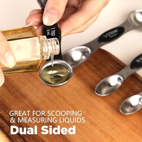 ChefAide Pack of 8 Stainless Steel Magnetic Measuring Spoons Set, Dual Sided, Stackable, Adjustable Teaspoon and Tablespoon Measure Spoon with Leveler, Kitchen Gadgets Set 5 - color: Black, size: Magnetic Measuring Spoons