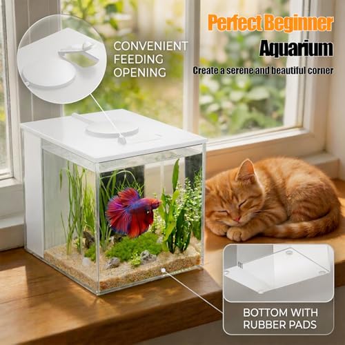 3.7L (1 Gal) Betta Fish Aquarium, Acrylic Small Fish Tank Kit with Water Filter Pump & LED Light, Ideal for Small Fish, Plants and Shrimp, White
