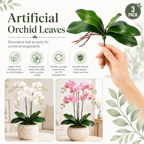 Miracliy Fake Orchids 3 Pack Artificial Orchid Leaves Faux Greenery Stems for Vase Shelf Desk Bathroom Decor and DIY Floral Arrangements for Small Spaces - size: 3pcs