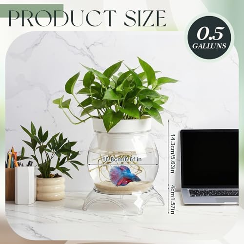 Geelin 0.5 Gallon Plastic Aquaponic Betta Fish Tank Aquaponic with Base and Top, Small Bowl Shatterproof Ecosystem Aquarium with Clear Clarity for Terrarium, Flower Vase Betta Fish Centerpiece Gifts - size: 0.5 Gallon