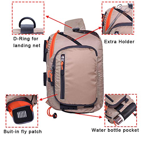 Kylebooker Fly Fishing Sling Pack Lightweight Fishing Tackle Storage Shoulder Bag Multiple Pockets for Trout Freshwater Saltwater Fishing - color: Khaki