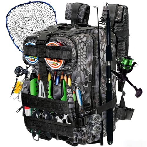 Lightweight Fishing Tackle Backpack Professional Water-Resistant All-in-One Rod Holder & Gear Storage - color: Black