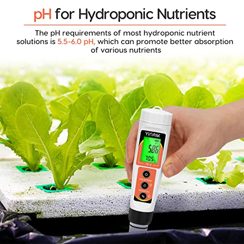 YINMIK PH Meter, Digital 4 in 1 PH EC TDS Temp Meter for Water Hydroponics, Waterproof DWC PH and EC PPM Water Tester with Backlit for Nutrients Growing, Indoor Garden, Home Brewing, Pool, Aquarium - color: Orange pH meter