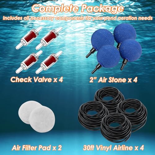 Pond Aeration Kit Pond Aerator Pump with Check Valves Air Stones Airline Tubing, All-in-1 Pond Air Pumps for Outdoor Ponds up to 2000 Gallon