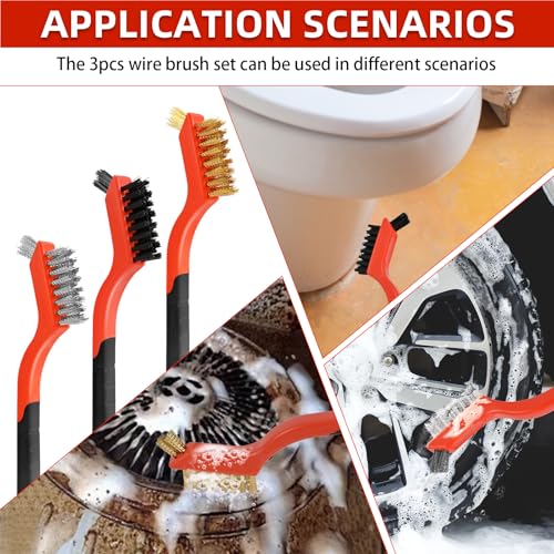 3pcs Wire Brushes for Cleaning Rust, Upgrade Wire Brush Set - Brass/Stainless Steel/Nylon Bristles, Small Metal Wire Brush with Curved Handle Grip, Wire Brushes for Paint and Stain, 7 Inches (3pcs) - style: 3pcs