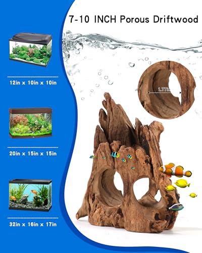 Aquarium Driftwood Cave for Betta Fish Shrimp Hideout, 7-10" Natural Porous Driftwood for Aquascaping with Low Tannins, Fish Tank Decoration Hideaway with Protein Cotton(No Need to Boil) - size: 7-10 INCHES