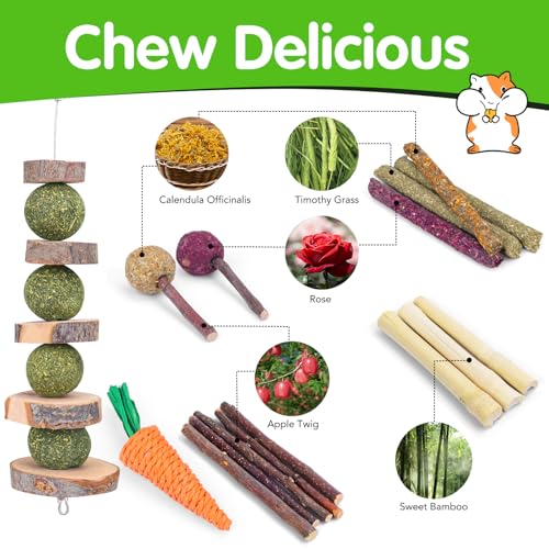 VESPRO Bunny Teys for Rabbits Hamster/Guinea Pig Toys Natural Timothy Hay Sticks chew Treats and Balls for Rabbit, Bunny, chinehila, Guirea Pig, Hamster, Rabbit Teeth Care - size: 24Pack-Set