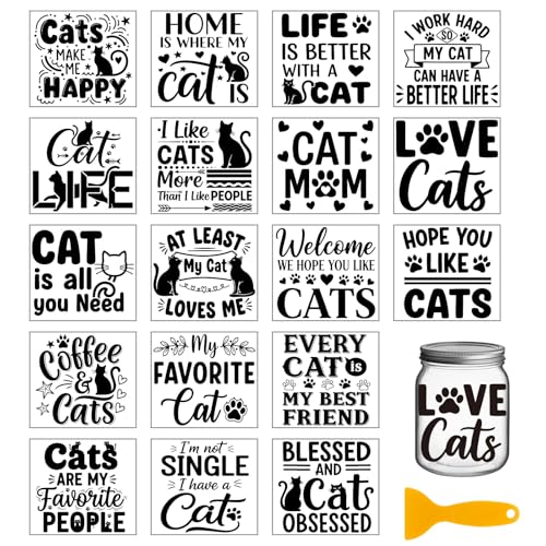 GLOBLELAND 18 Sheets Cat Greetings Transfer Stickers 3.9x3.6inch Black and White Blessings Transfer Decal Rub on Transfer for Cup Decal Vase Glass Art Crafts Decorations - style: Cat Greetings