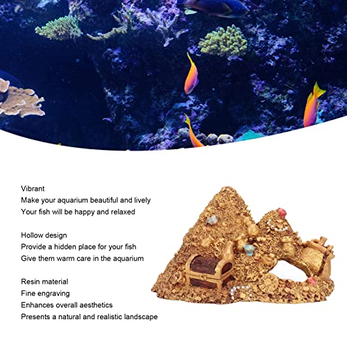 Wisecoco Aquarium Decoration Cave, Fish Tank Gold Mountain Simulation Resin Aquarium Treasure Mountain Hideouts Decoration for Freshwater Saltwater 4.3 x 4.7 x 5.9 inch