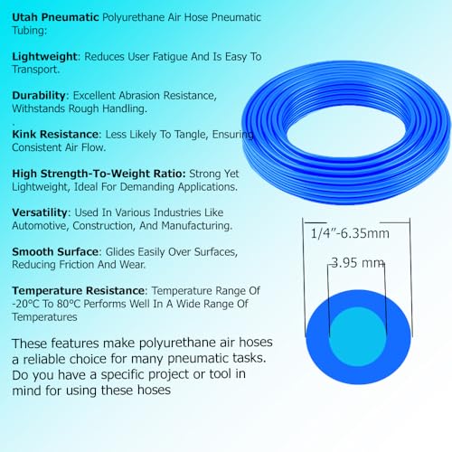 Utah Pneumatic 1/4" PU Air Hose - 10 Meters (32.8ft) UV Resistant Polyurethane Air Line Tubing, Ultra Flexible with Small Bending Radius, 150 PSI High Pressure Pneumatic Hose, Blue - size: 6.35 mm OD (10 m)