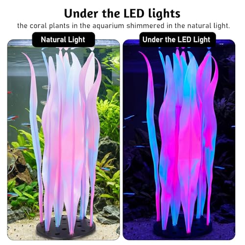 Glowing Aquarium Kelp Plant, Glow Fish Tank Decorations Soft Silicone Coral Decor Realistic Glowing Coral Fish Tank Ornament Aquarium Decorations for Fishes Tanks Decor Accessories, Pinkish Purple