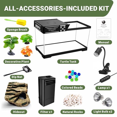 GOZILLA Turtle Tank Kit(Tank+Lamp+Filter), Upgrade PC Turtle Tank Starter Kit with Adjustable Lamp & Filter, Reptile Hideout Habitat with Lid for Small Reptiles.(19.68× 9.52× 9.44''/Large-Black-Kit) - color: Large-Hideout-KIT
