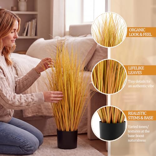 Jexine 2 Pieces Tall Artificial Grass Plant Potted Artificial Greenery Floor Plants Fake Pampas Grass Tall in Pot for Housewarming Gift House Garden Bathroom Lobby Indoor Outdoor (Fall,3 ft) - color: Fall, size: 3 ft