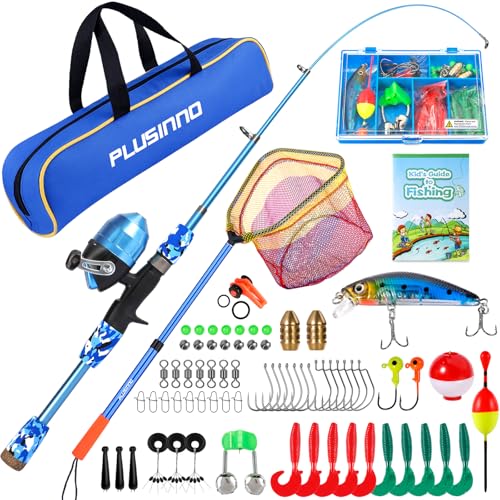 PLUSINNO Kids Fishing Pole with Spincast Reel Telescopic Fishing Rod Combo Full Kits for Boys, Girls, and Adults - color: Blue (with Fishing Net), size: 4FT / 1.2M