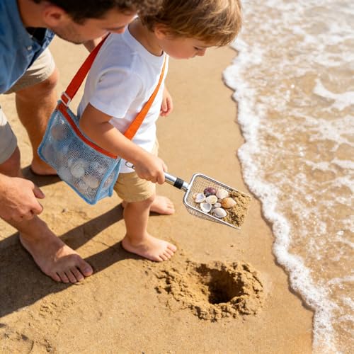 Beach Mesh Shovel & Sifter with Bag - Stainless Steel Sand Filter Scooper for Shark Tooth, Shell & Fossil Hunting, Beachcombing Tool with Mesh Collection Bag