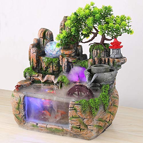 DNYSYSJ Tabletop Waterfall Fountain with Rockery, Mini Silent Indoor Ornament Desk Water Fountain Desktop Simulation Resin with Atomizer LED Small Fish Tank for Office Bedroom Home Decor Windmill