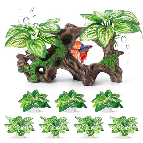 8 Pcs Fish Tank Decor，Silk Aquarium Plants Green Silk Leaf pad Hammock Artifical Driftwood cave Betta Fish Tank Accessories 7 x 2.8 x 4 inches(LxWxH)