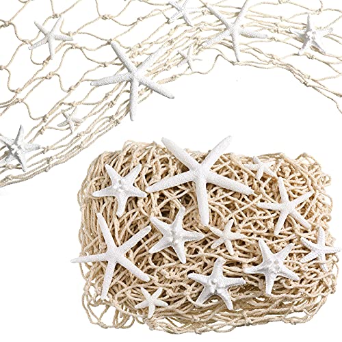 21 Pieces Starfish Ornament Sets Starfish Decor Fish Net Sea Wall Decor Fishnet Nautical Decoration for Crafts Beach Wedding Mermaid Party Under The Sea Party Decorations(White) - color: White