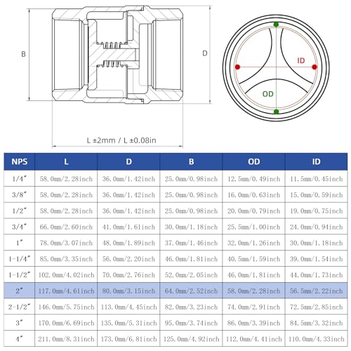2" NPT Stainless Steel Spring Check Valve, WOG1000 NPT Thread unleaded In-Line Vertical Check Valve Non Return One Way Counterflow to Prevent the Medium Backflow for Oil Water Gas Air DN50 - size: 2"-NPT