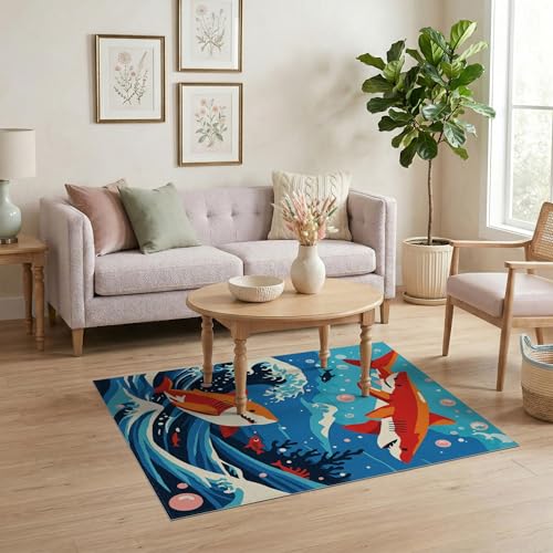 4'x6' Washable Flatwoven Rug, Red Kawaii Wave Easy Care Throw Carpet for Dorm Room, Small Living Room, Apartment, Stain Resistant Low Profile Floor Covering | Ref:2070034 - color: Blue/Pattern 11, size: 4' x 6' (Rectangular)