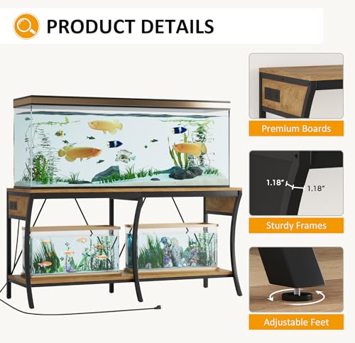 55-90 Gallon Fish Tank Stand with Power Outlets, 2-Tier Aquarium Stand with LED Light Strip & Open Storage Shelves, Heavy Duty Metal Table for Reptile Tank, 1100 LBS Capacity, Light Brown and Black - color: Light Brown and Black