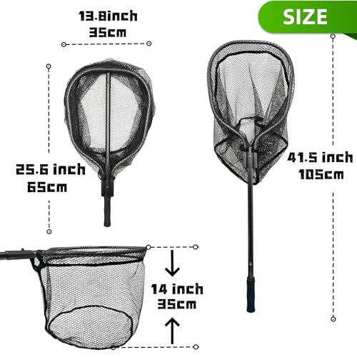 Floating Fishing Net for Steelhead, Salmon, Fly, Kayak, Catfish, Bass, Trout Fishing, Rubber Coated Landing Net with Fixed or Telescoping Pole Handle - color: Black PVC Net
