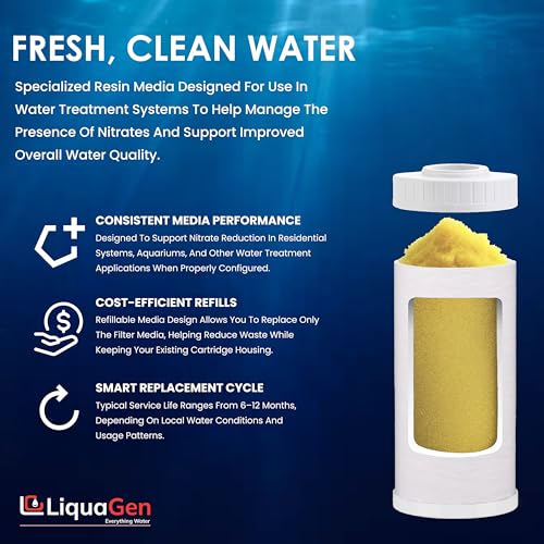 LiquaGen Nitrate Reduction Water Filter Cartridge – Strong Base Anion Resin, Reusable & Refillable, Universal 2.5x10, 2.5x20, 4.5x10, 4.5x20 – Whole House & Aquarium RO/DI (2, 4.5" x 10") - size: 4.5" x 10"
