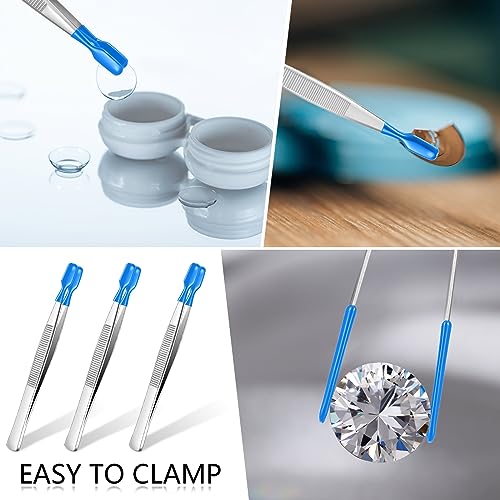 Honoson 3 Pieces Tweezers with Rubber Tips PVC Coated Rubber Long Bent Tweezers for Crafts Stamps Beads Jewelry Tools(4.33 Inch,Blue)