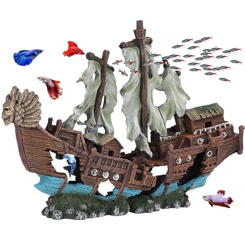 XXL Shipwreck Aquarium Large Decorations Ornament w/Sail (2 Pieces) 20 Gallons high and Larger Fish Tank, Sunken Ship Decoration Ornaments, Pirate Boat, Resin, Freshwater Saltwater Decor - size: 23" x 15"