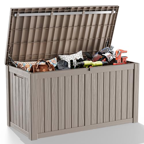 ROJIK Outdoor Storage Housing Deck Box - Waterproof Patio Furniture, Garden Tools, Cushions, Pool Accessories Storage Bench with Lockable Lid and Side Handles (Grey 158 Gal) - color: Grey, size: 158 Gallon