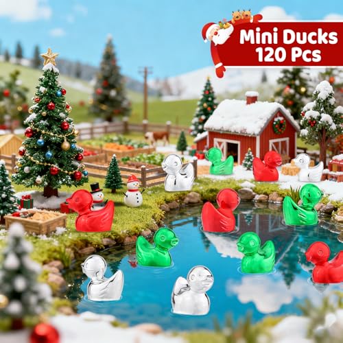 120Pcs Mini Duck Statue Golden Duck Figurines Micro Garden Landscape Dollhouse Cake Decoration Potted Plants DIY Craft Charms for Party Gift(Red Green Silver) - style: 120Pcs Ducks-Red Green Silver