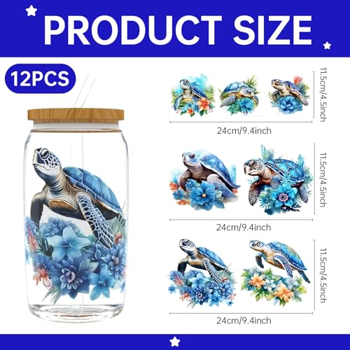 UV DTF Cup Wrap for 16oz Glass, 12 Sheets Watercolor Turtle Rub On Transfers, UV DTF Decals Stickers for Water Bottle - style: Watercolor Turtle