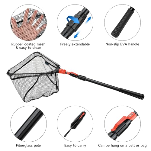 SAN LIKE Fishing Net Fish Landing Net Collapsible Fish Net with Anti-Slip Telescoping Rubber Pole Handle for Kids Adults in Saltwater Freshwater Multi-Size Extending to 37/42/43/51/69/71/89/98inch - color: Orange Fiberglass Pole,Length 38.2" to 70.9"