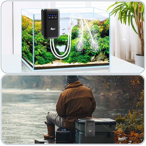 AQQA Fish Tank Air Pump Dual Outlets Rechargeable Battery Air Pump Aquarium Aerator Powerful Backup Fish Oxygen Pump Portable for Live Bait Adjustable Airflow (3W,120GPH) - size: 3W for up to 120 Gal